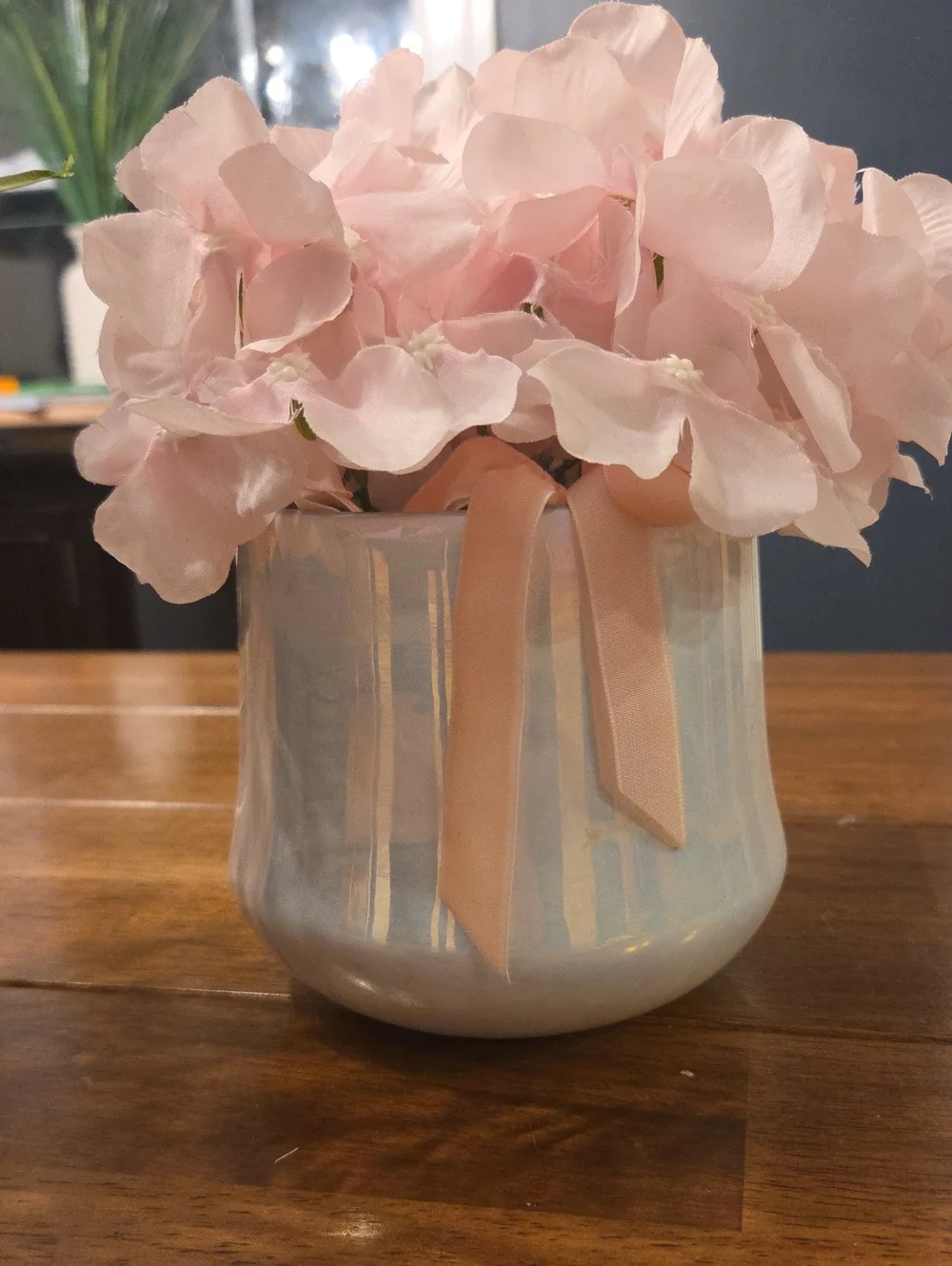 Pink Hydrangea Arrangement in Iridescent Ceramic Vase -